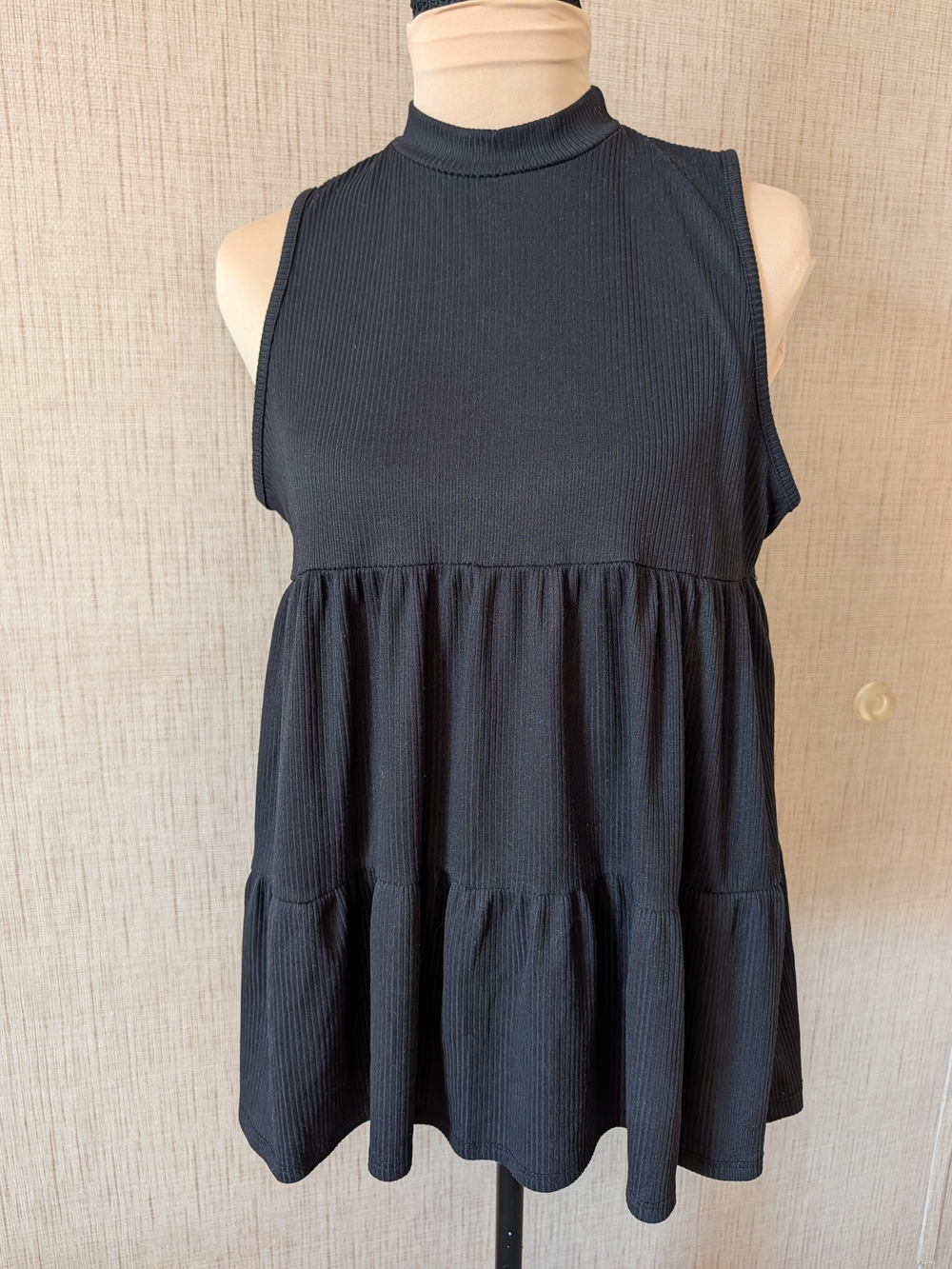 Mock Neck Sleeveless Black Ribbed Tiered Tunic